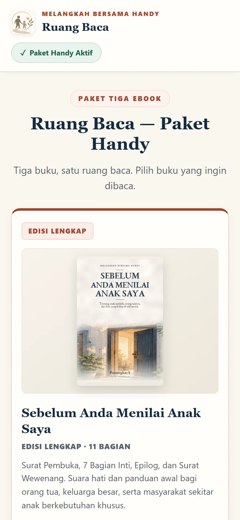 Tangkapan layar asli Web Reader Paket Handy pada layar ponsel